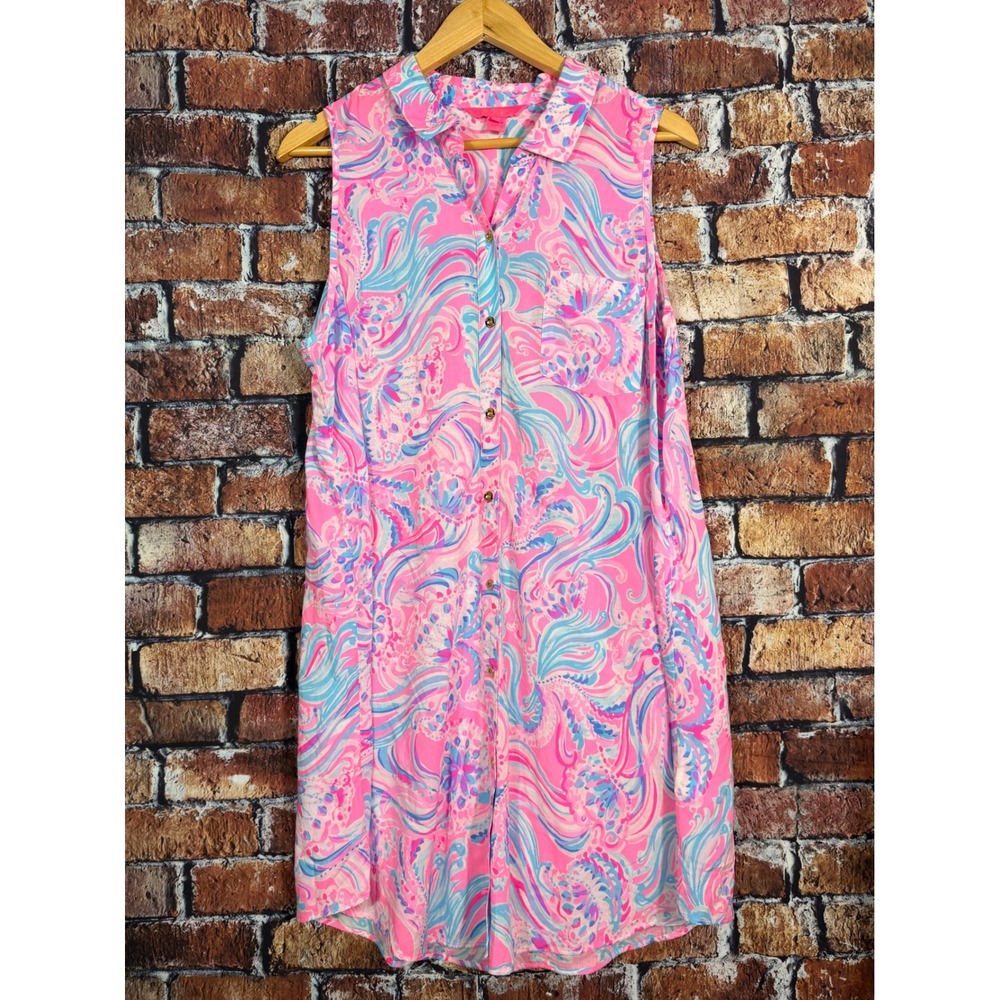 Lilly Pulitzer Pink Blue Paisley Sleeveless Button Down Shirt Dress Large